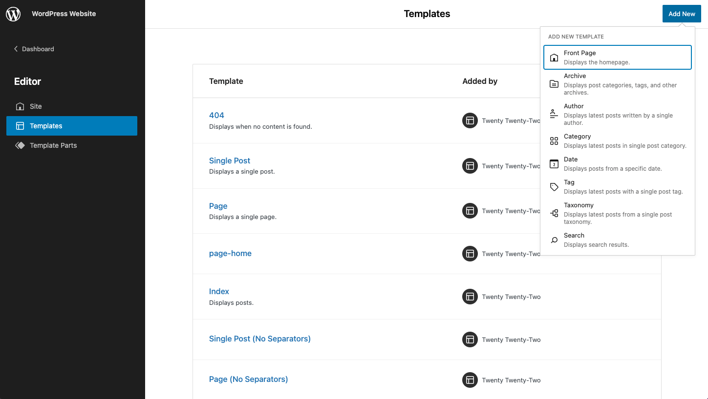 nieuwe templates in wordpress
