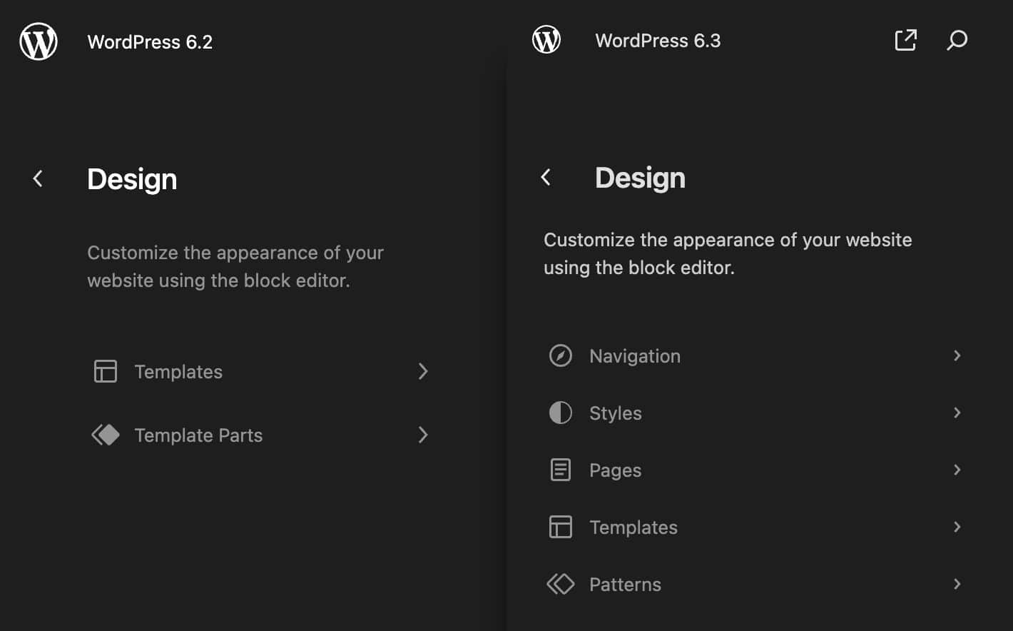 site editor in wordpress 6.2 versus wordpress 6.3