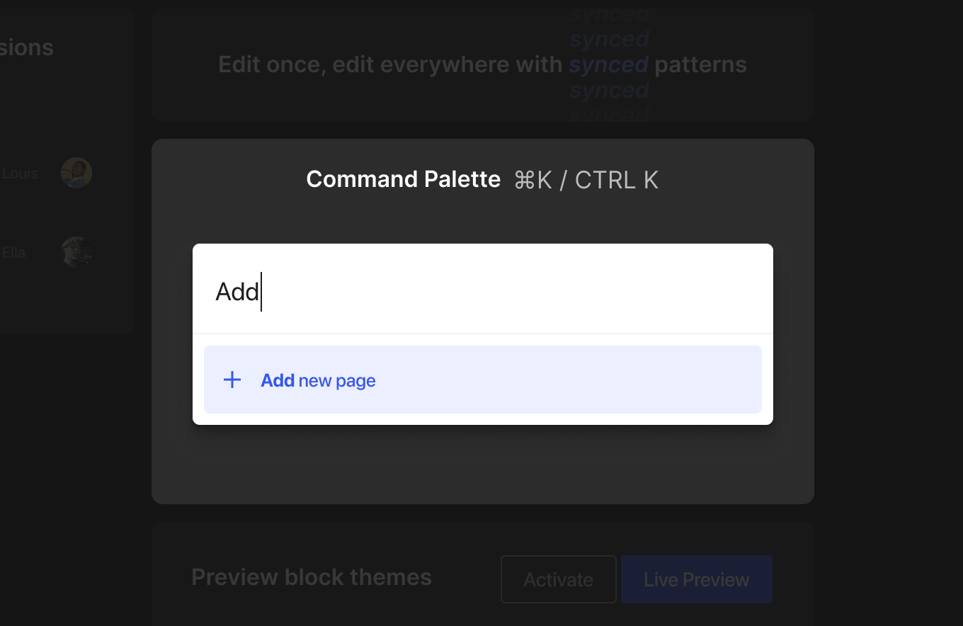 nieuw command palette in wordpress