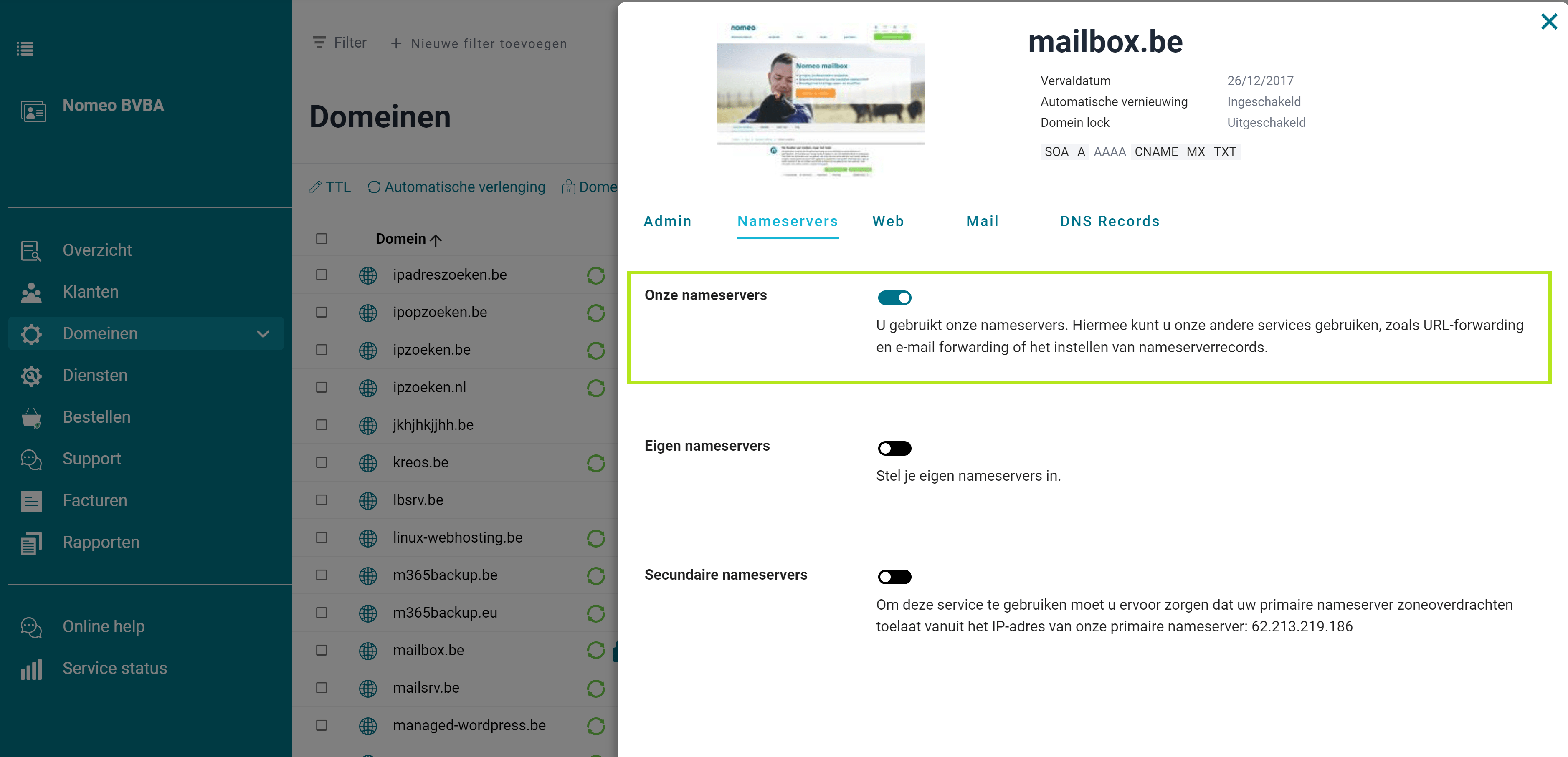 Gebruik nomeo nameservers Gebruik nomeo nameservers screenshot