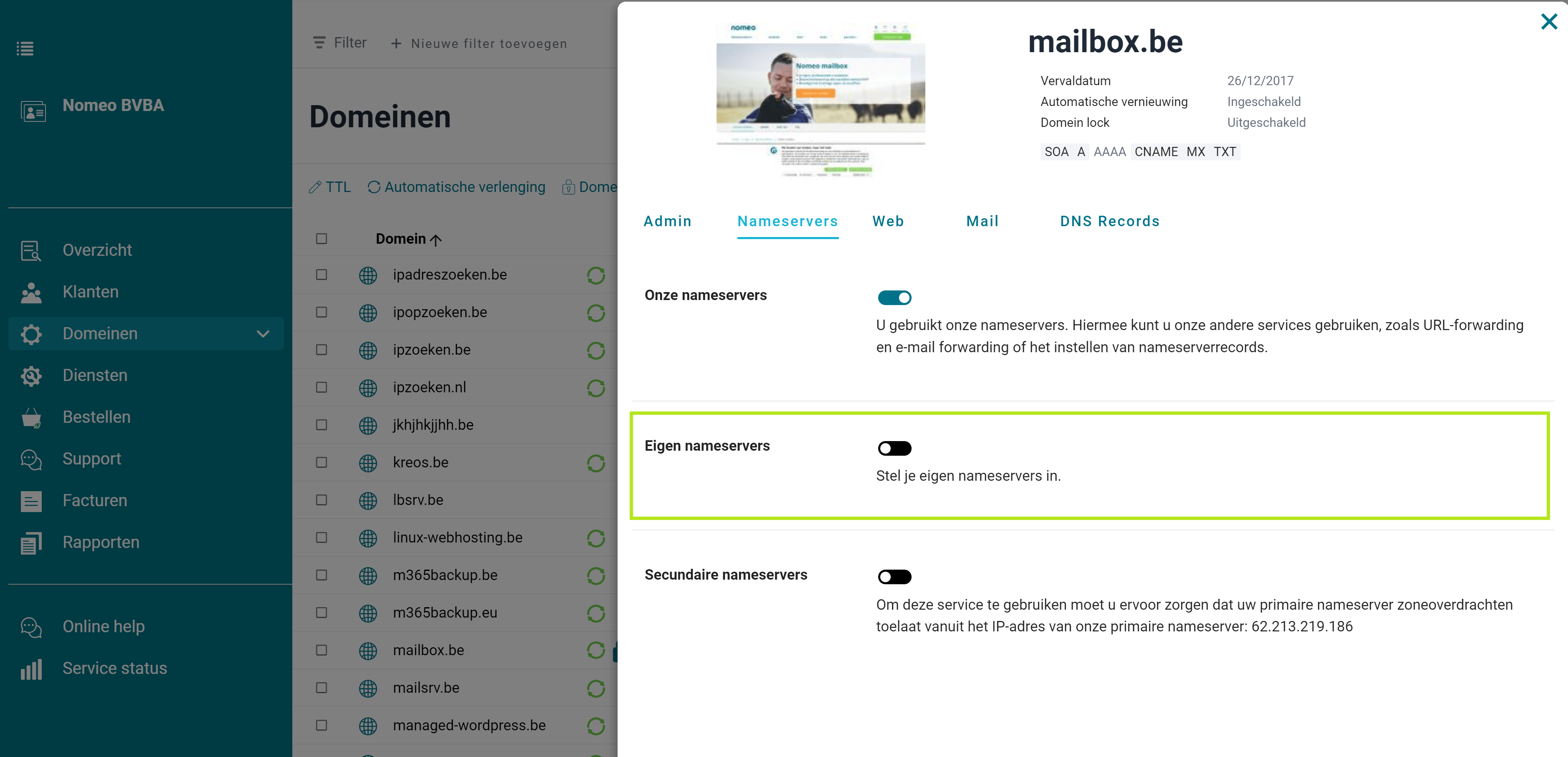 Gebruik eigen nameservers Gebruik eigen nameservers screenshot