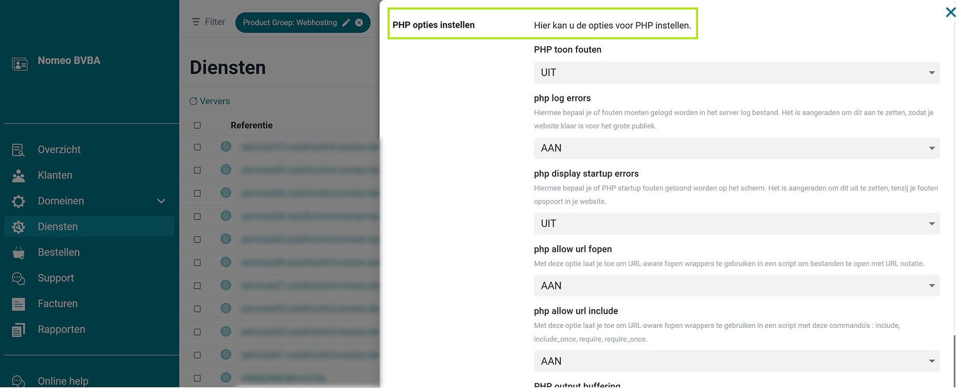 Schakel PHP-opties in/uit screenshot