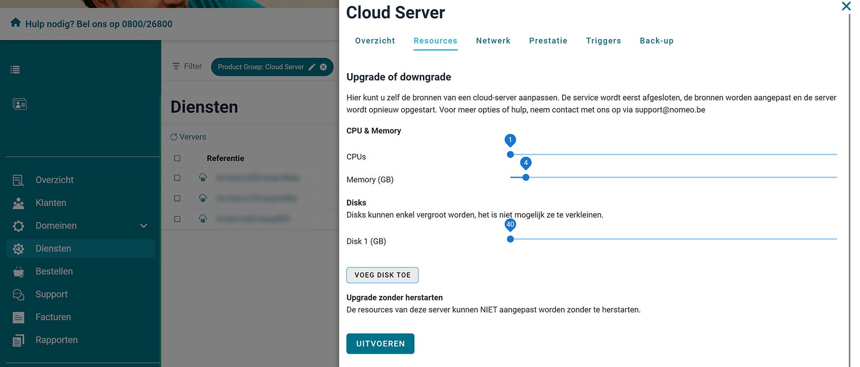Up- of downgrade je cloud server screenshot