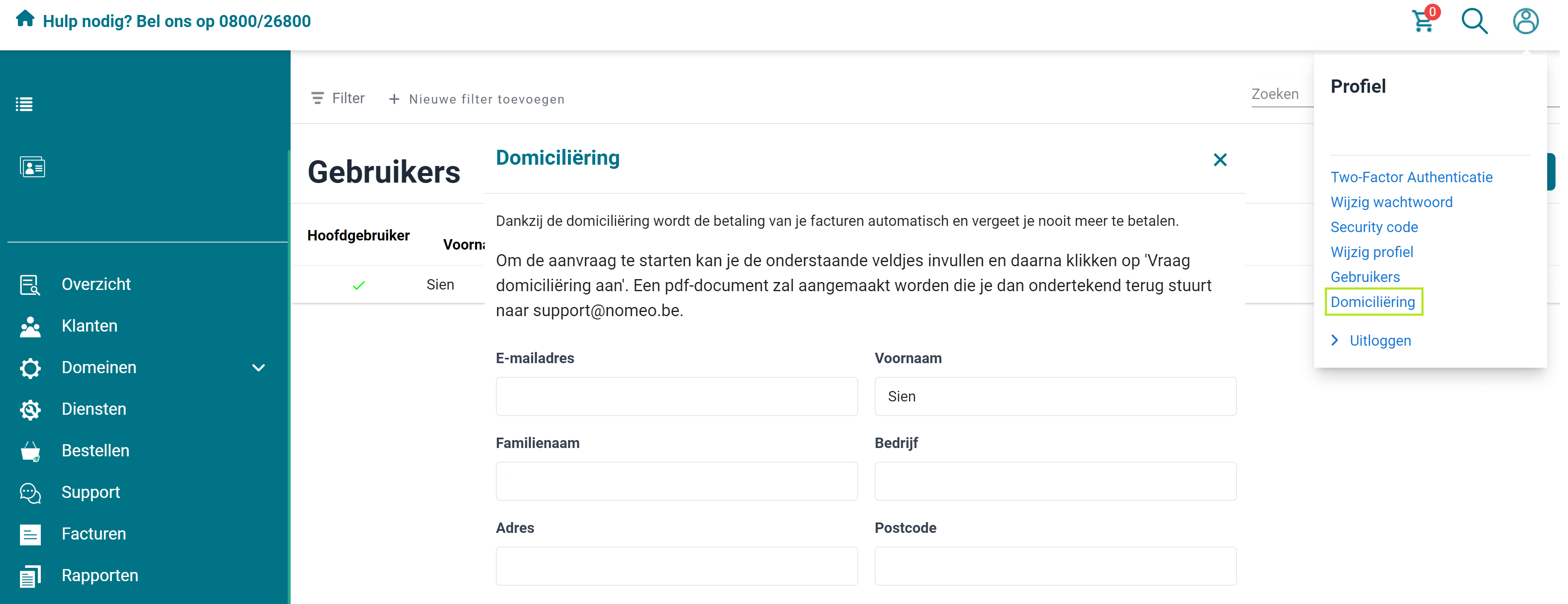 Vraag domiciliëring aan Vraag domiciliëring aan screenshot