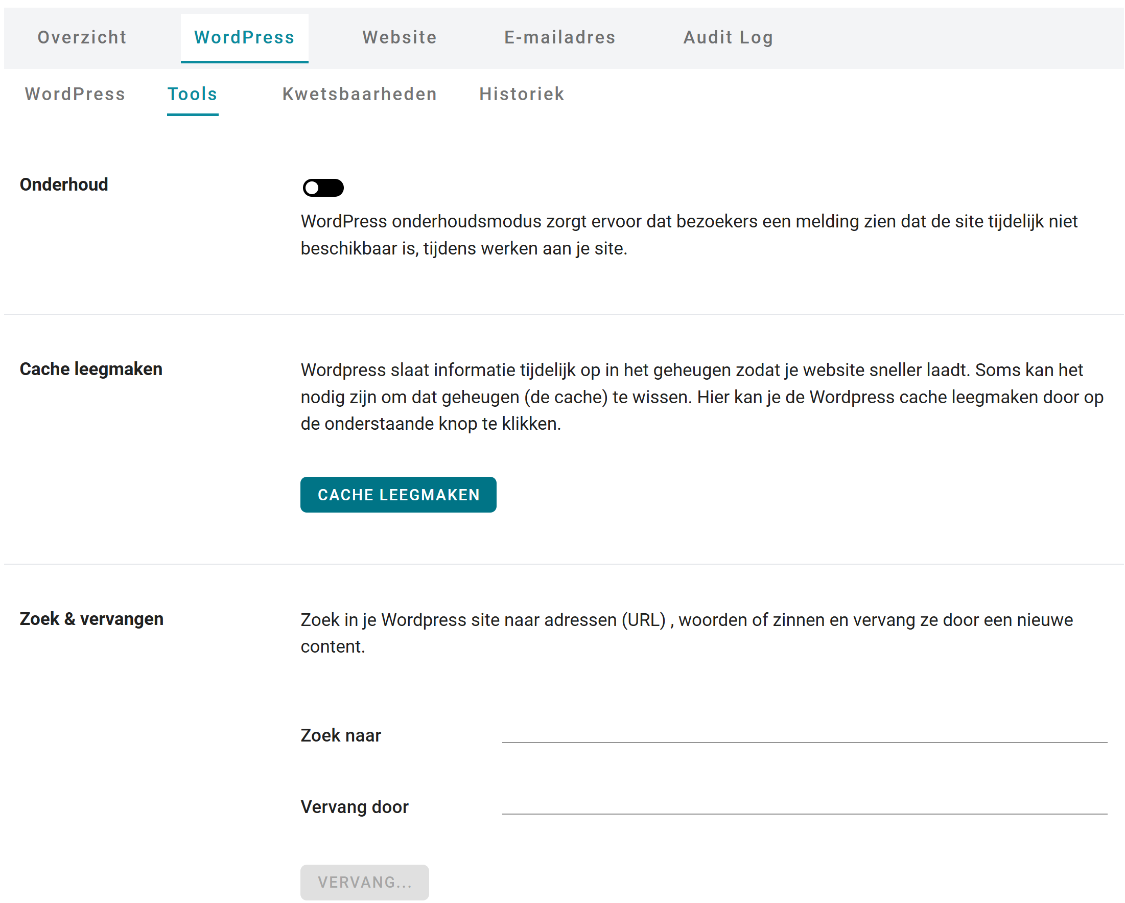 tools voor webbeheer in controlepaneel nomeo