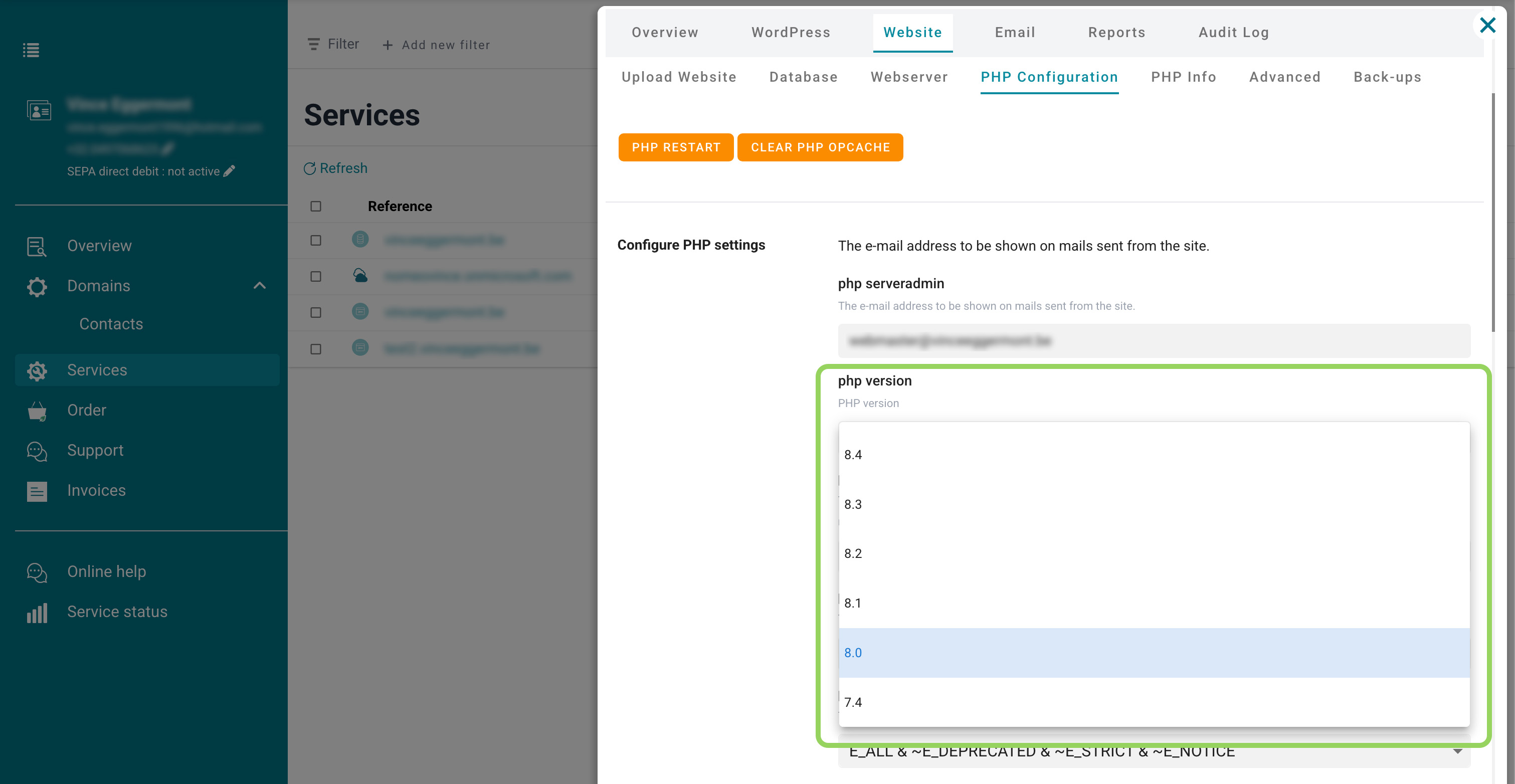 Choose your PHP version screenshot
