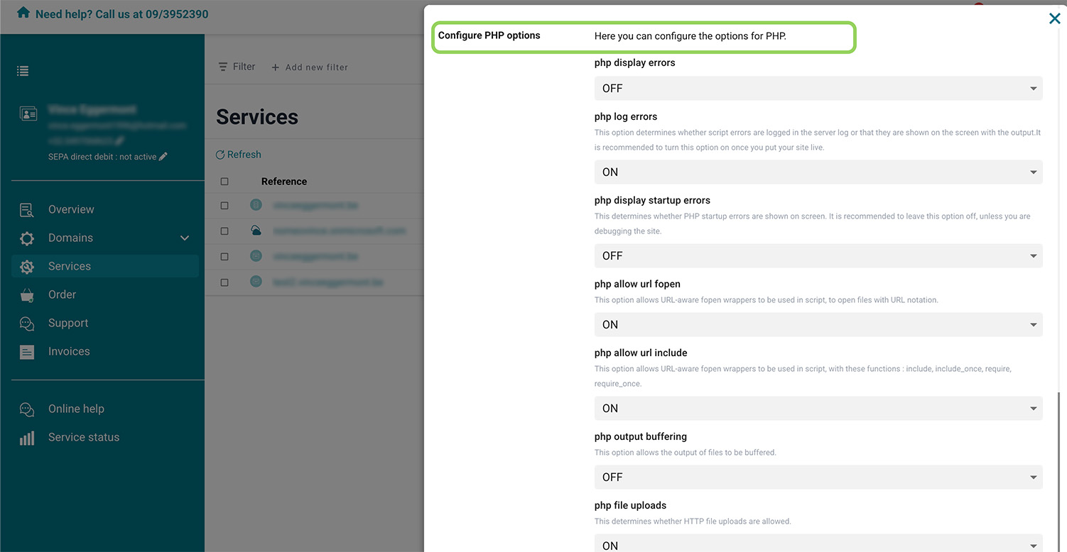 Enable/disable PHP options screenshot