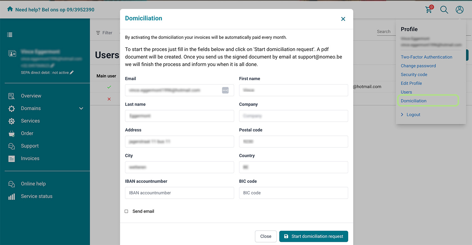 Request direct debit screenshot