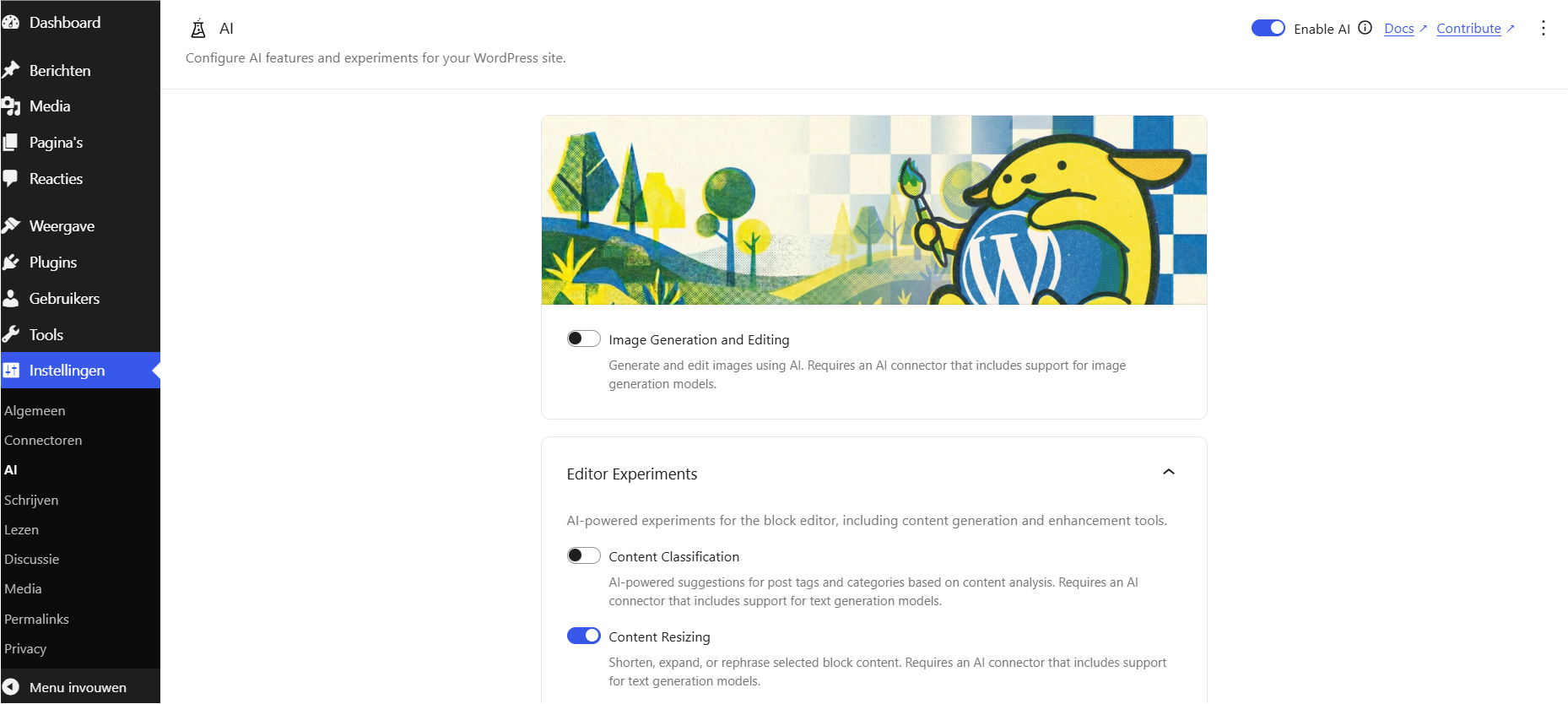 zet ai-functies aan in wordpress om ze te kunnen gebruiken