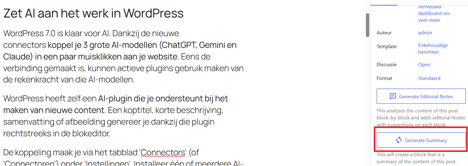 WP7 AI genereer artikel screenshot